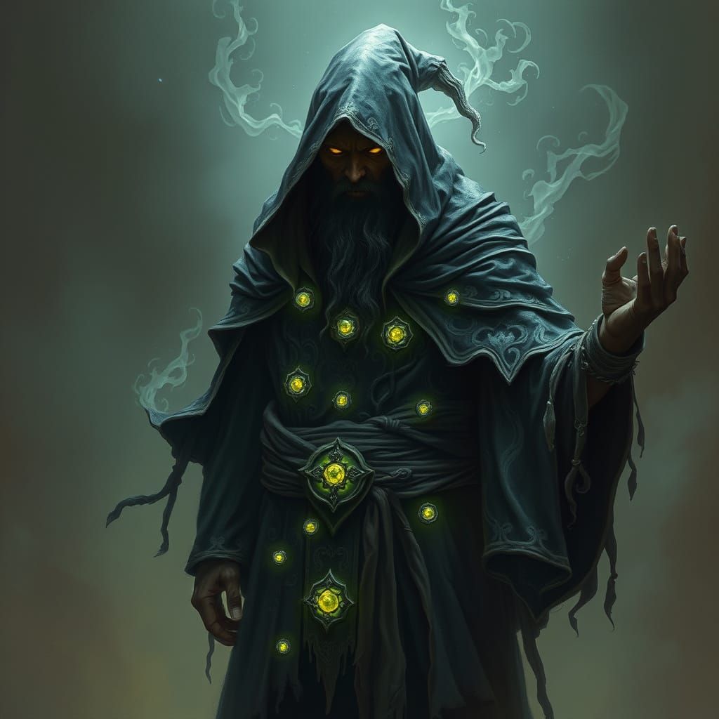 Mysterious Warlock in Dark, Swirling Robes with Ethereal Glo...
