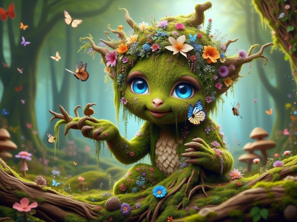 Enchanted Tree Ent Playing with Butterflies