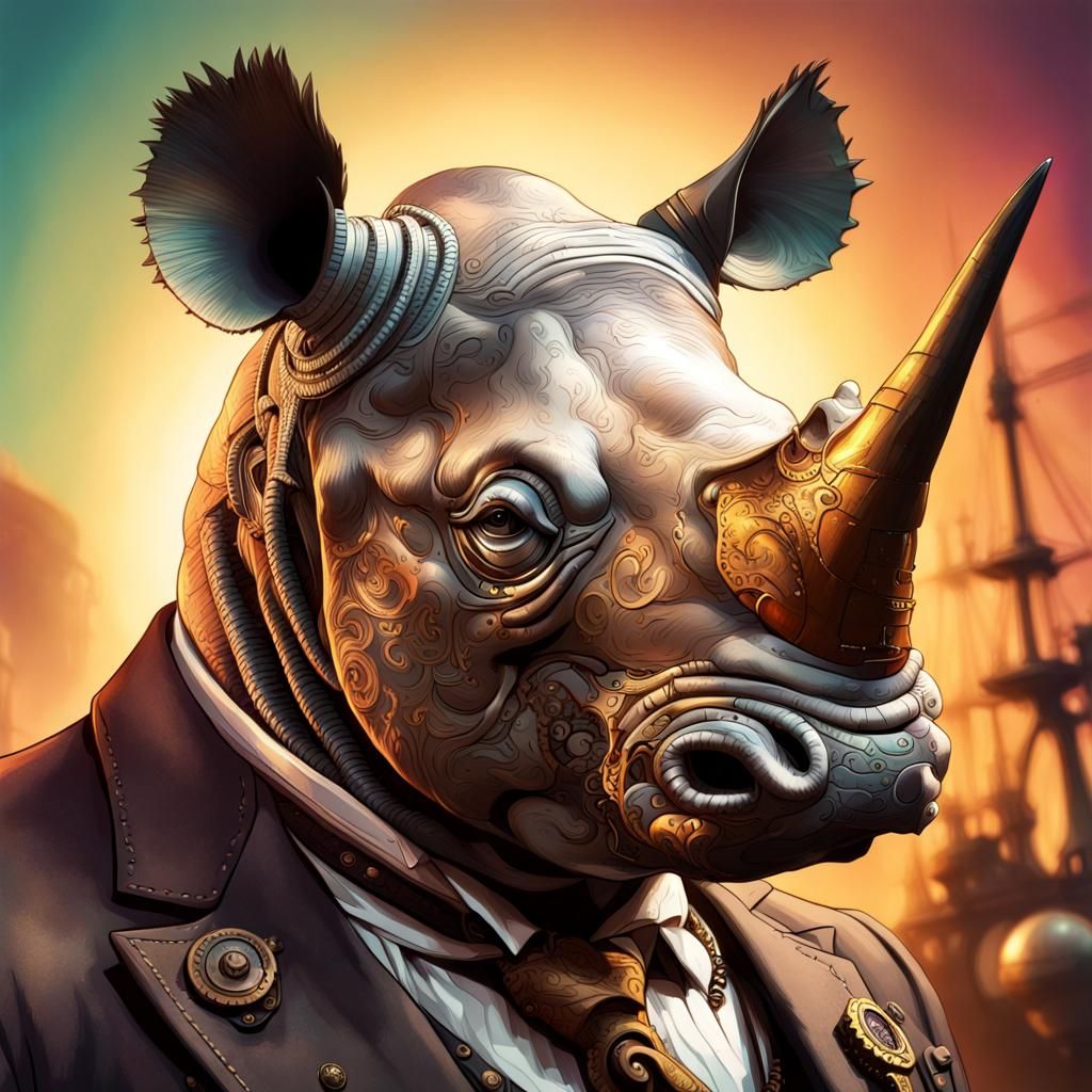 Steampunk Rhino Gentleman in Hyperrealistic Splash Art