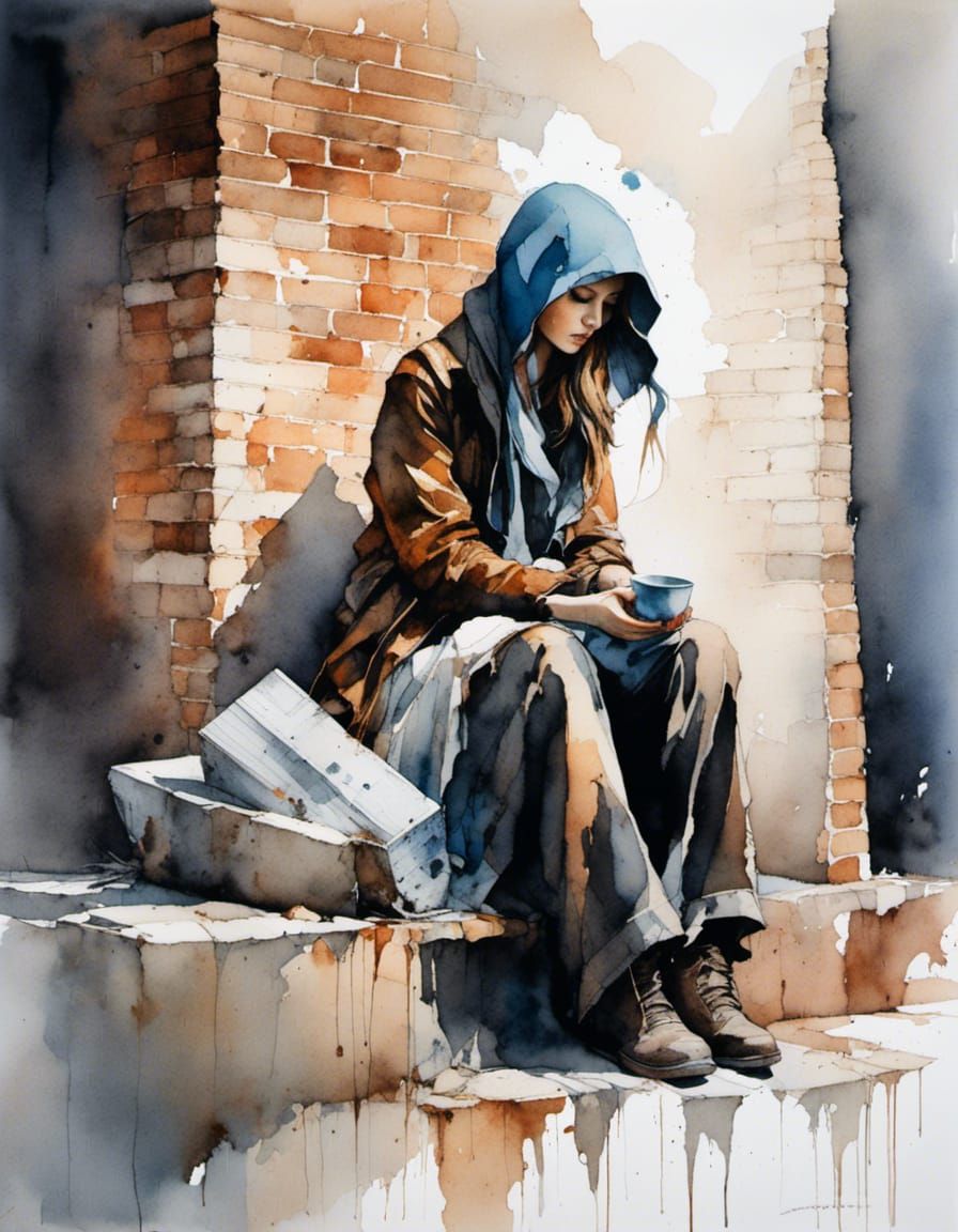 A young homeless woman is sitting against a broken white bri...