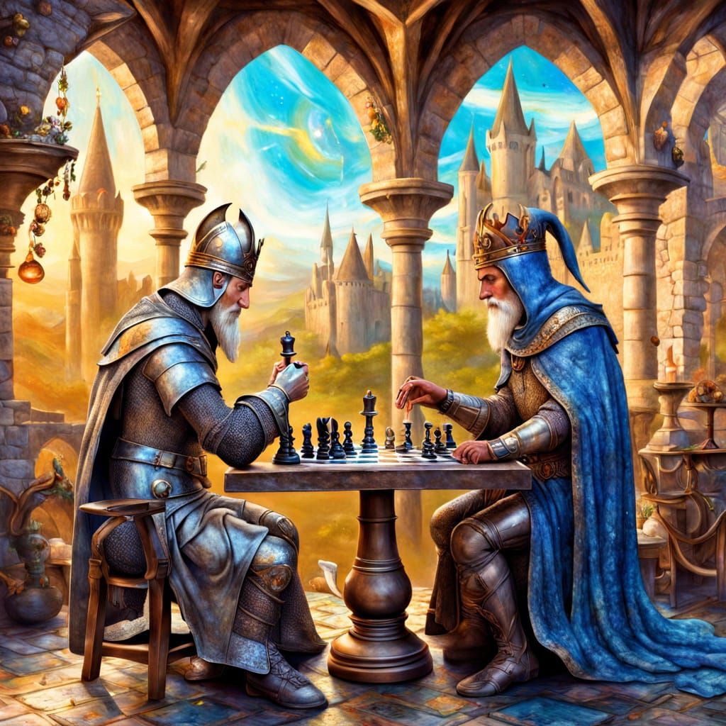 Medieval Scholars Play Chess at Outdoor Cafe