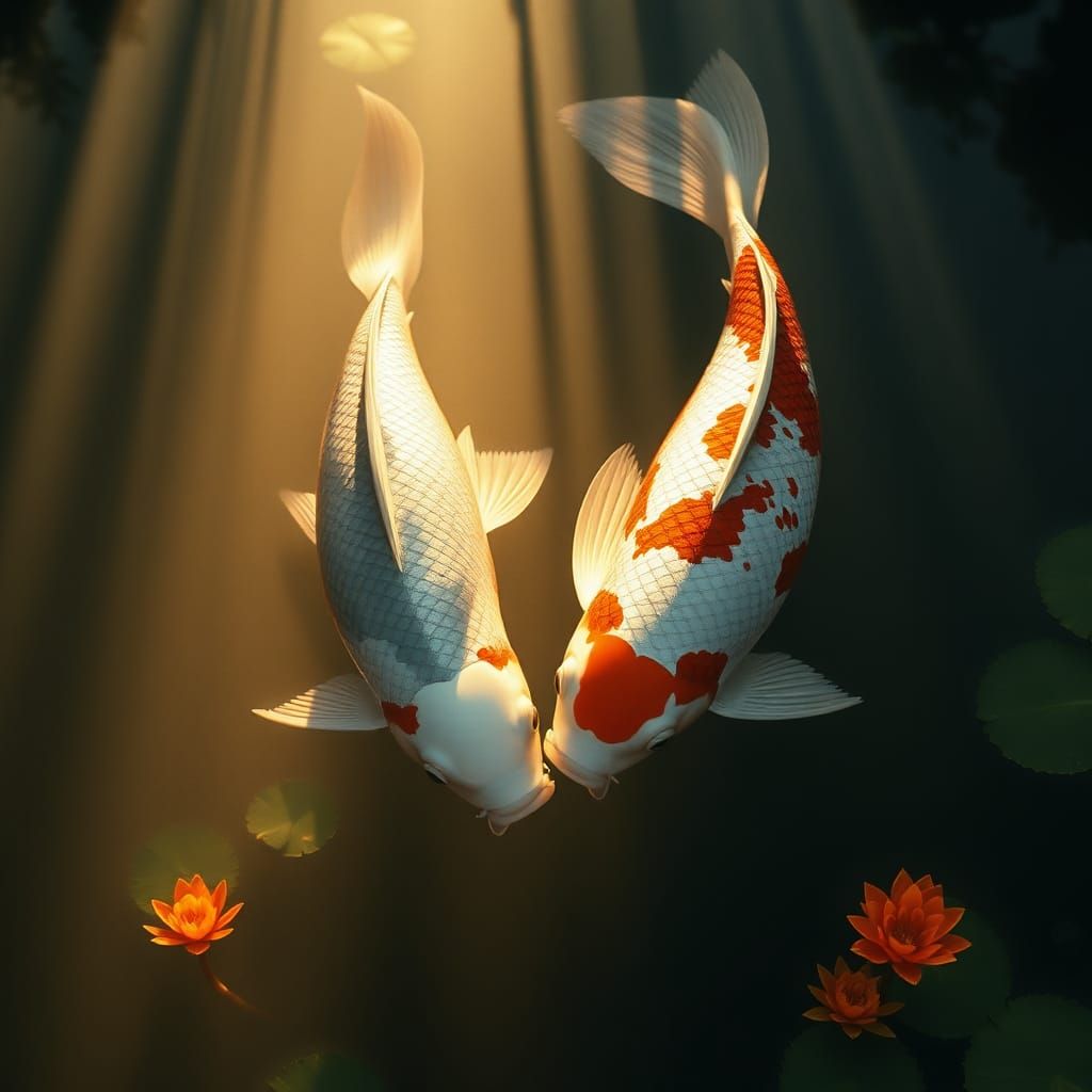 Ying-Yang Koi Fish in Golden Pond