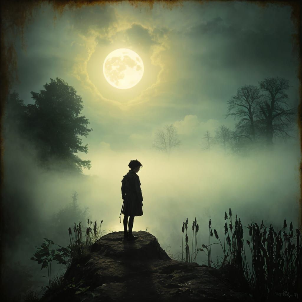 Ethereal Moonlit Lake Scene with Longing Figure