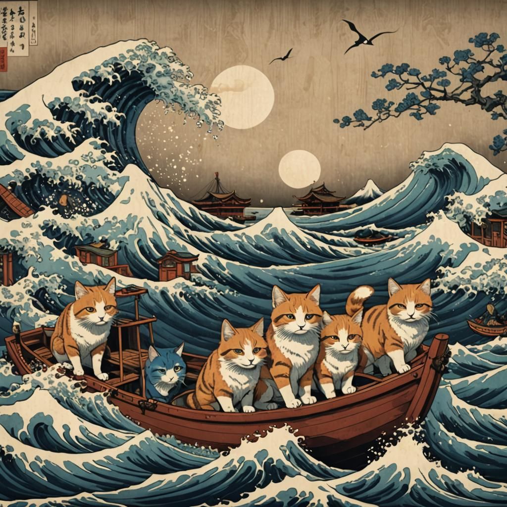 Katsushika Hokusai waves Ukiyo-e cats kitsune on boat Ukiyo-...