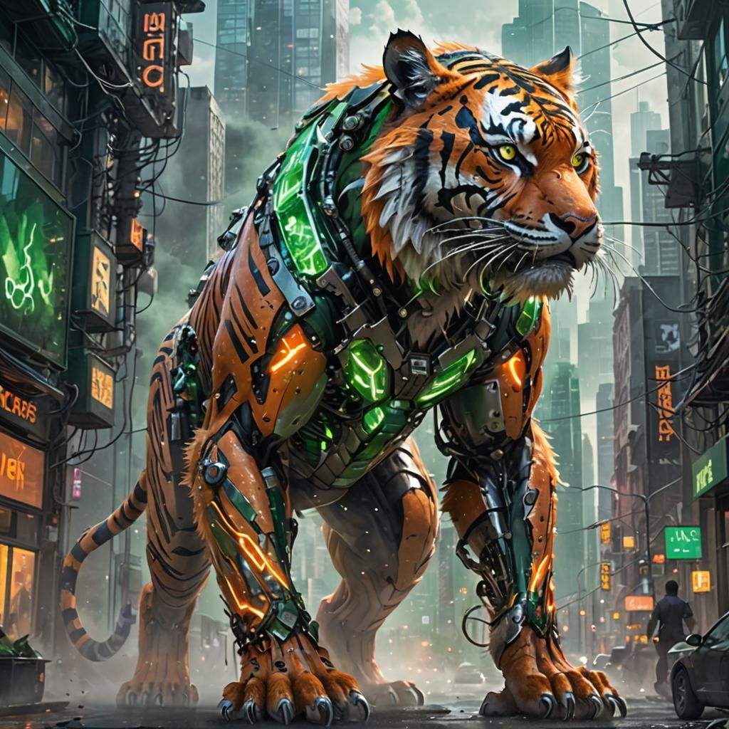 Cyborg Tiger Hunter in Biomechanical Cityscape