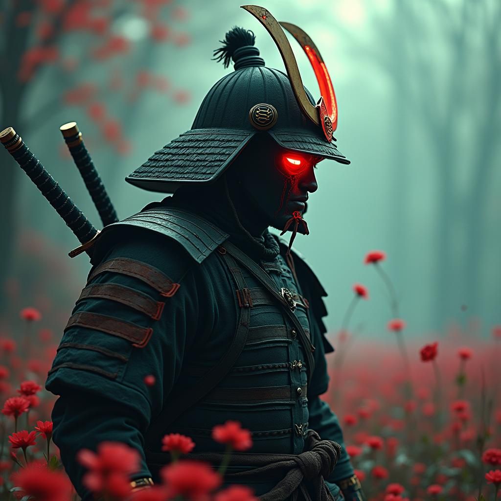 Cyberpunk Samurai with Oni Mask and Katana