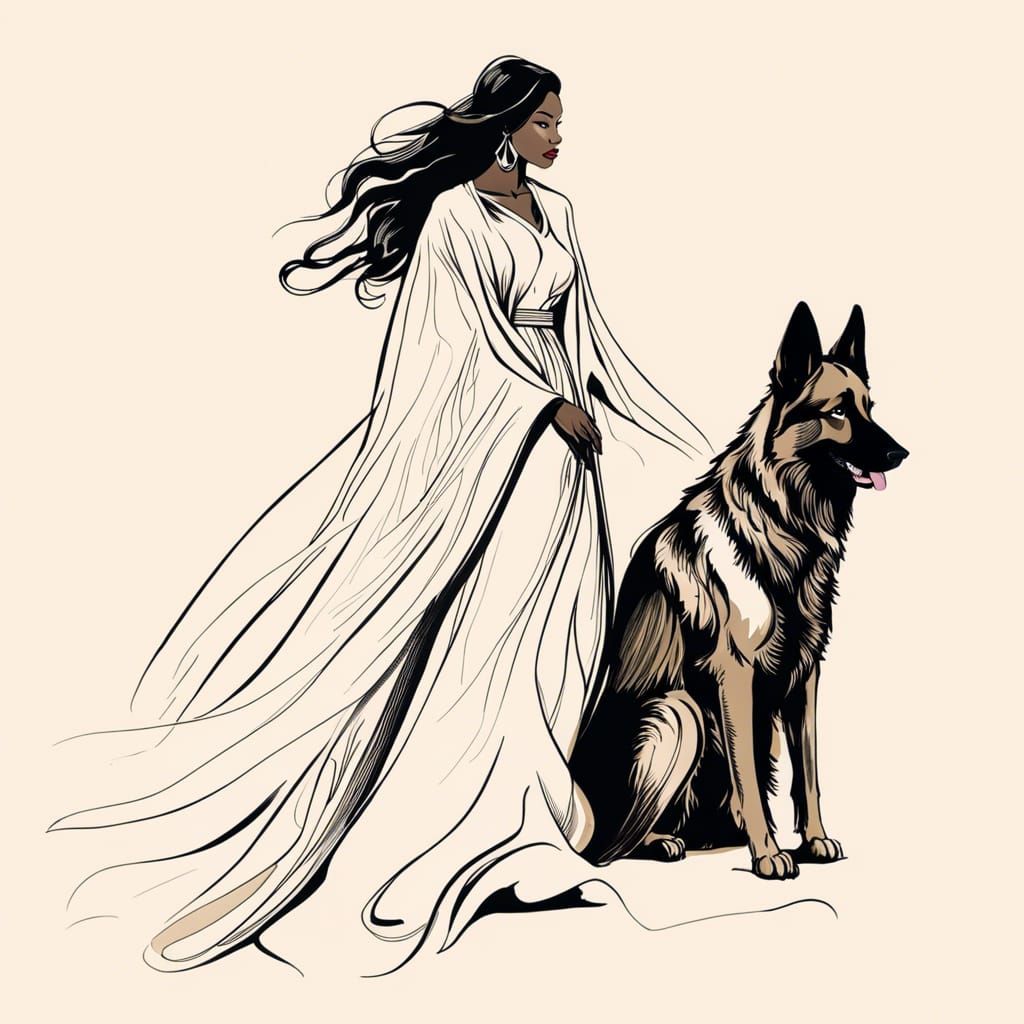 Woman and Dog: Minimalist Ink Pen Sketch