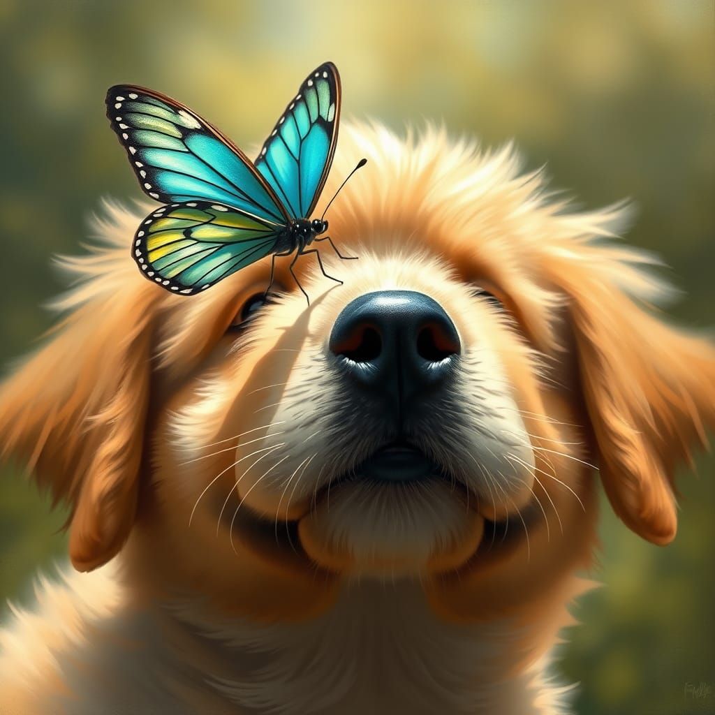 Puppy and Butterfly in Oil Painting Style