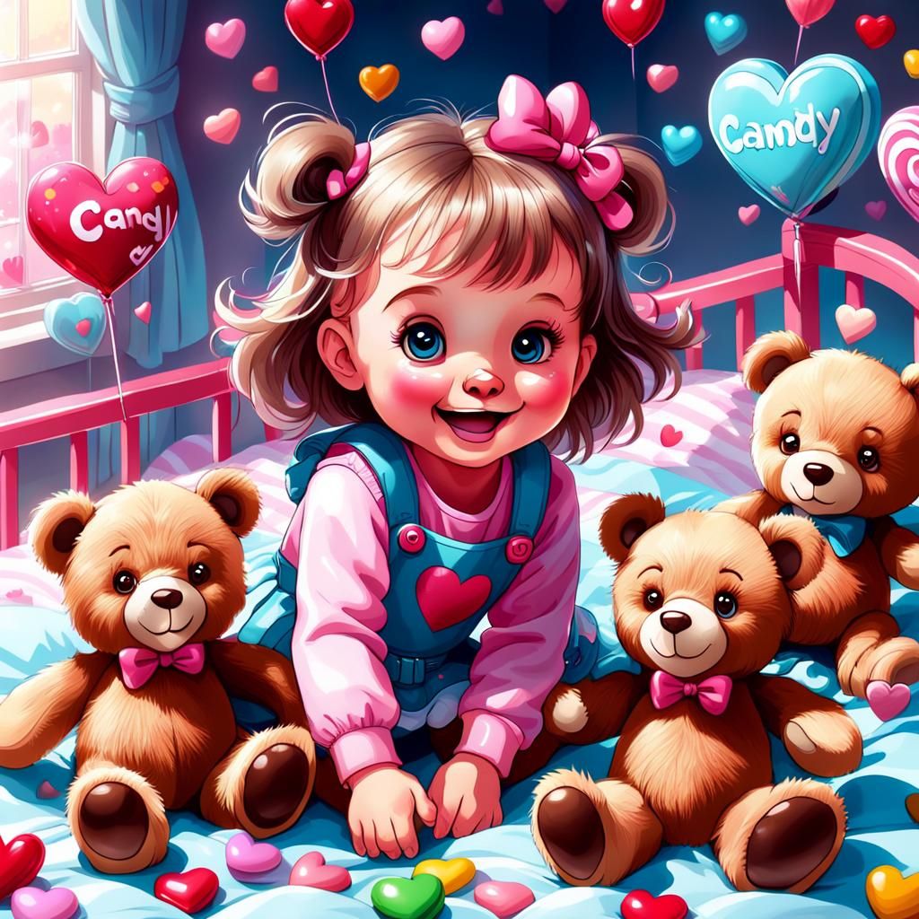 Baby Girl Playing with Teddy Bears in Candy Art