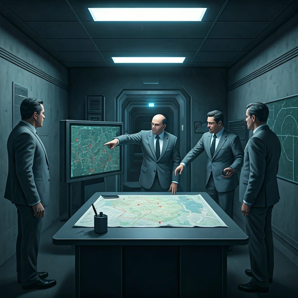 Intelligence Officers Analyze Map in Dimly Lit Facility
