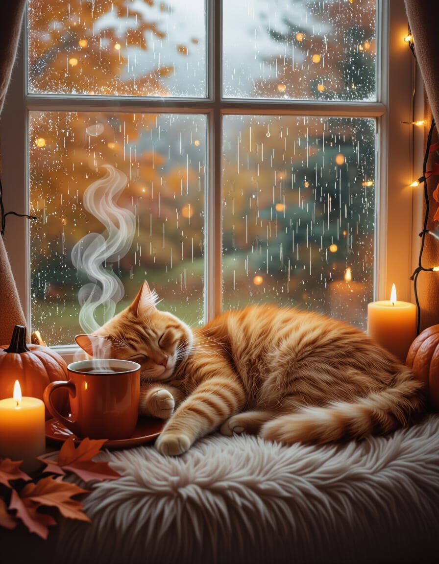 Autumn Cat Nap in Golden Light