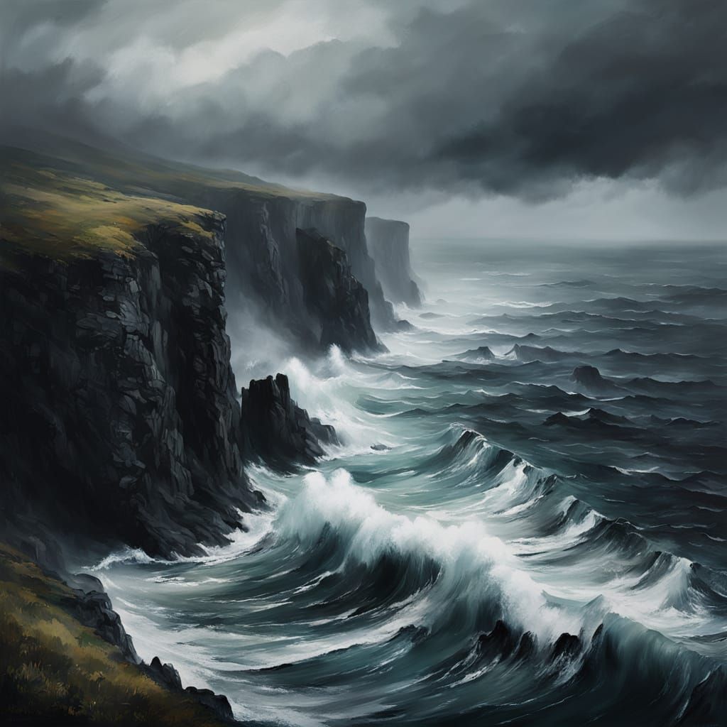 Moody Expressionist Painting of Stormy Sea and Cliffs