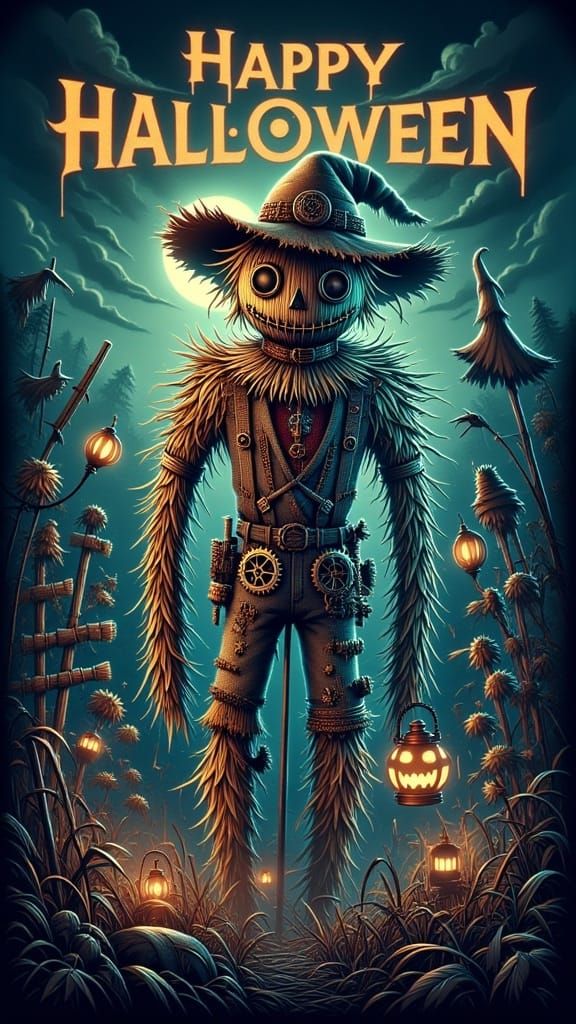 Steampunk Scarecrow in Haunted Field with Halloween Message