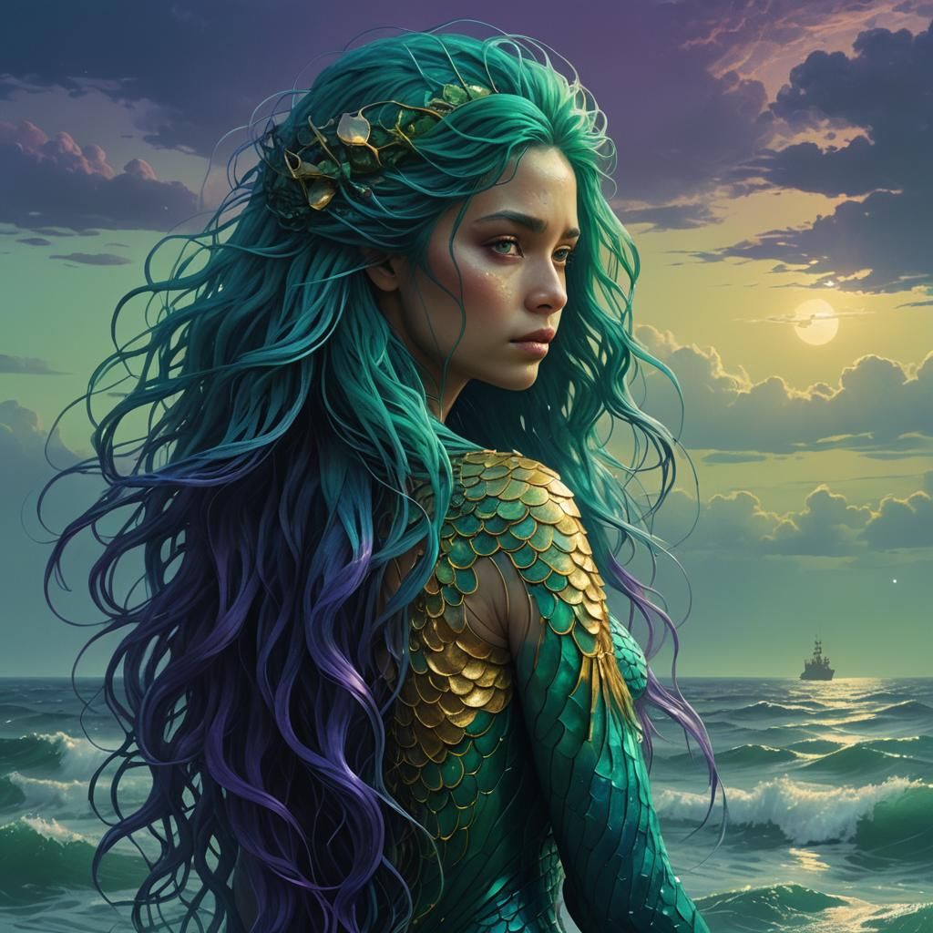 Ocean-Hair Mermaid in Deep-Sea Fantasy Art