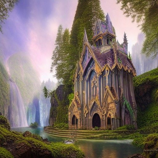 Magical Fantasy Chapel Near Waterfalls in Hyper-Realistic CG...