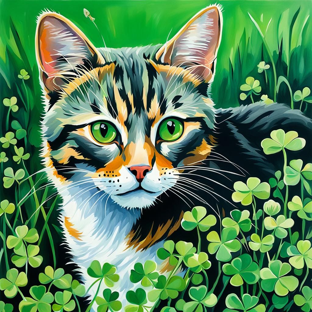 Cat in Ireland Clover: Gouache Style Painting