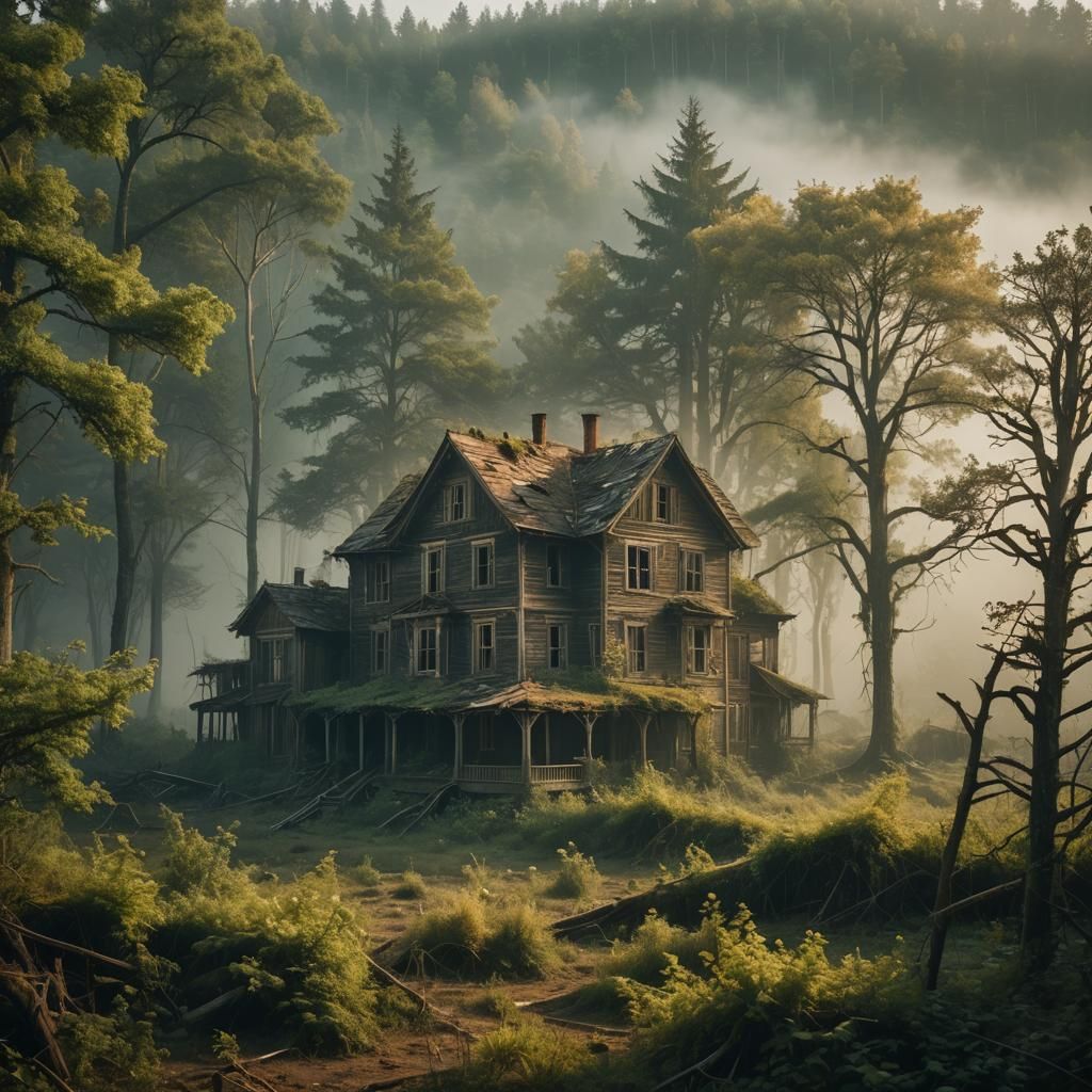 Ethereal Surrealism: Abandoned Town in Misty Forest