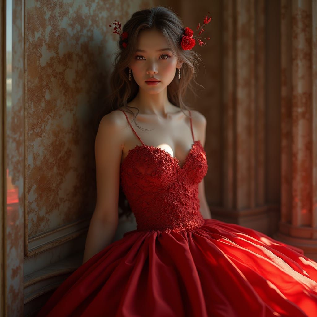 An elegant portrait of a beautiful young woman wearing a red...