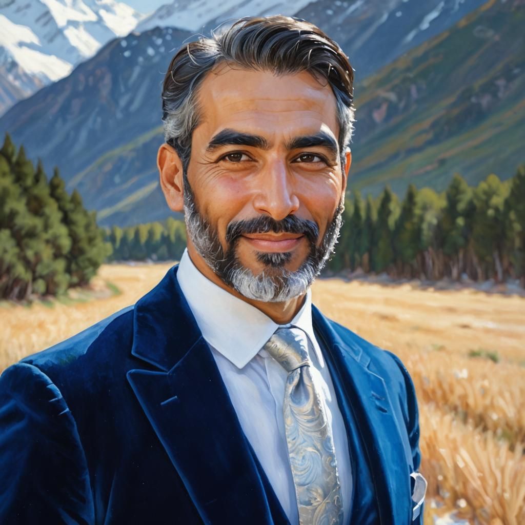 Joyful Man in Blue Velvet Suit: Impressionist Oil Painting