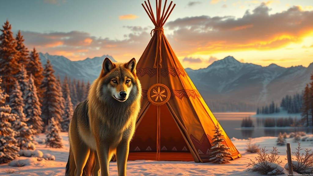 Golden Wolf Majestically Guards Golden Native American Teepe...