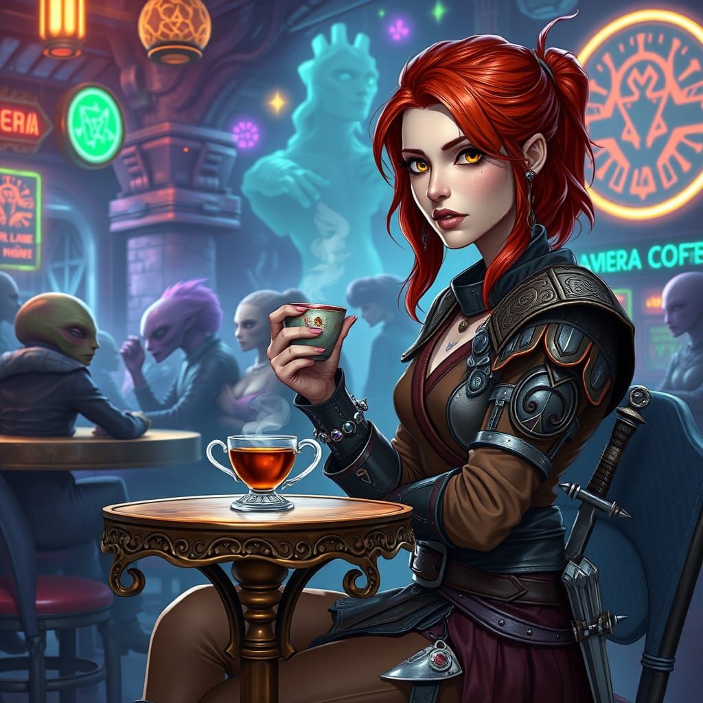 Enigmatic Half-Orc in Neon-Lit Coffee Shop, Cyberpunk Aesthe...