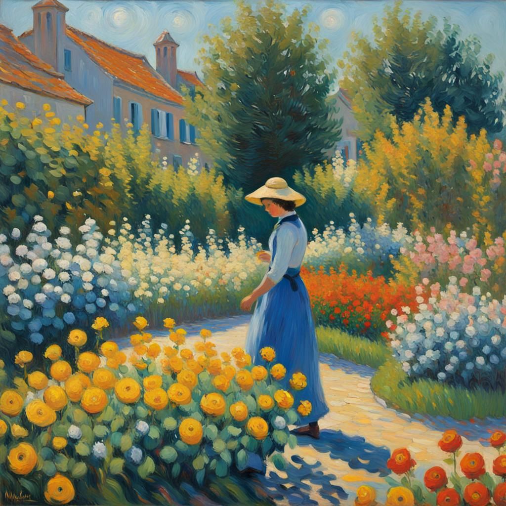 Woman in Garden at Vétheuil: Neo-Impressionist Oil Painting