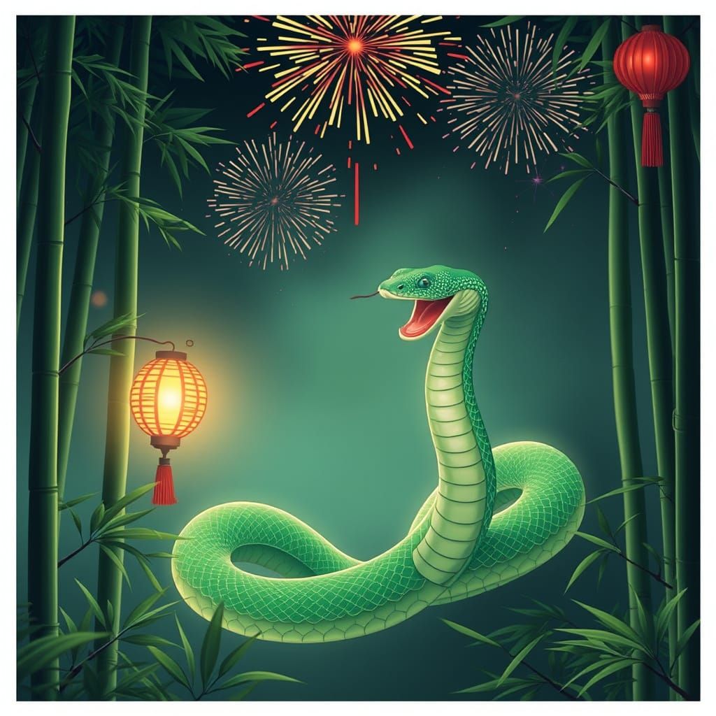 Wood Snake Radiates Wisdom and Renewal in Bamboo Forest