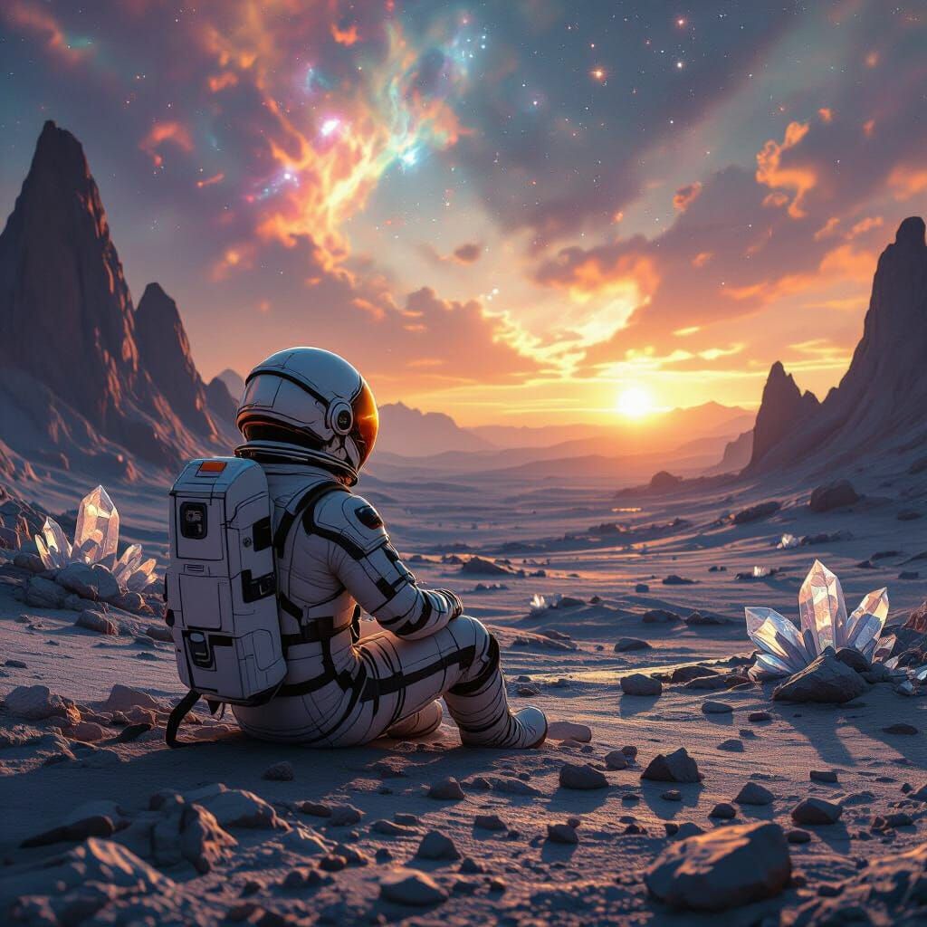 Astronaut Contemplates Binary Sunset on Alien World