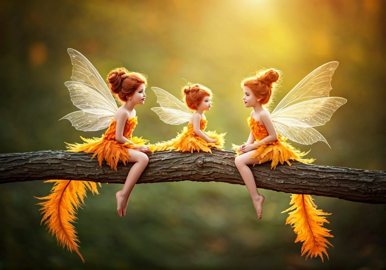 Fairies with Autumn Leaves on Branch