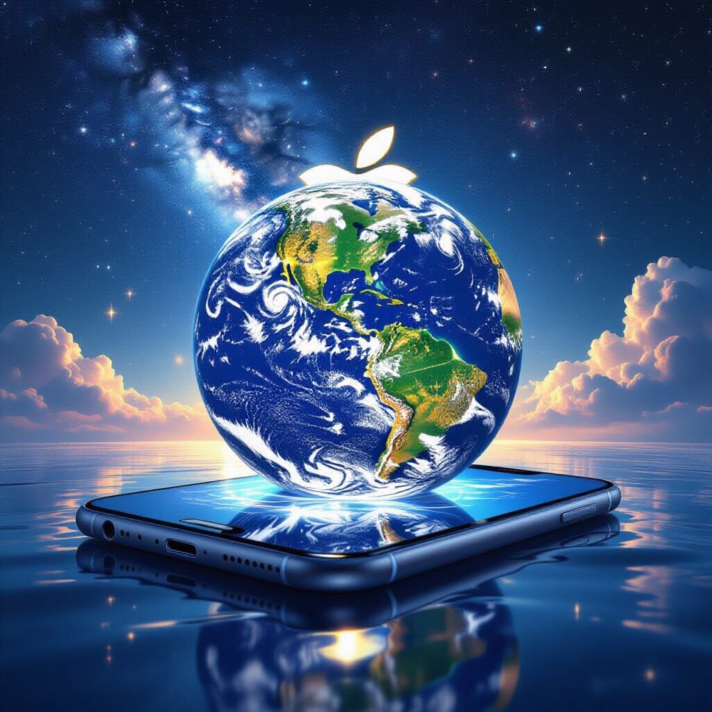 Earth Rests on Giant Smartphone in Cosmic Sci-Fi Scene