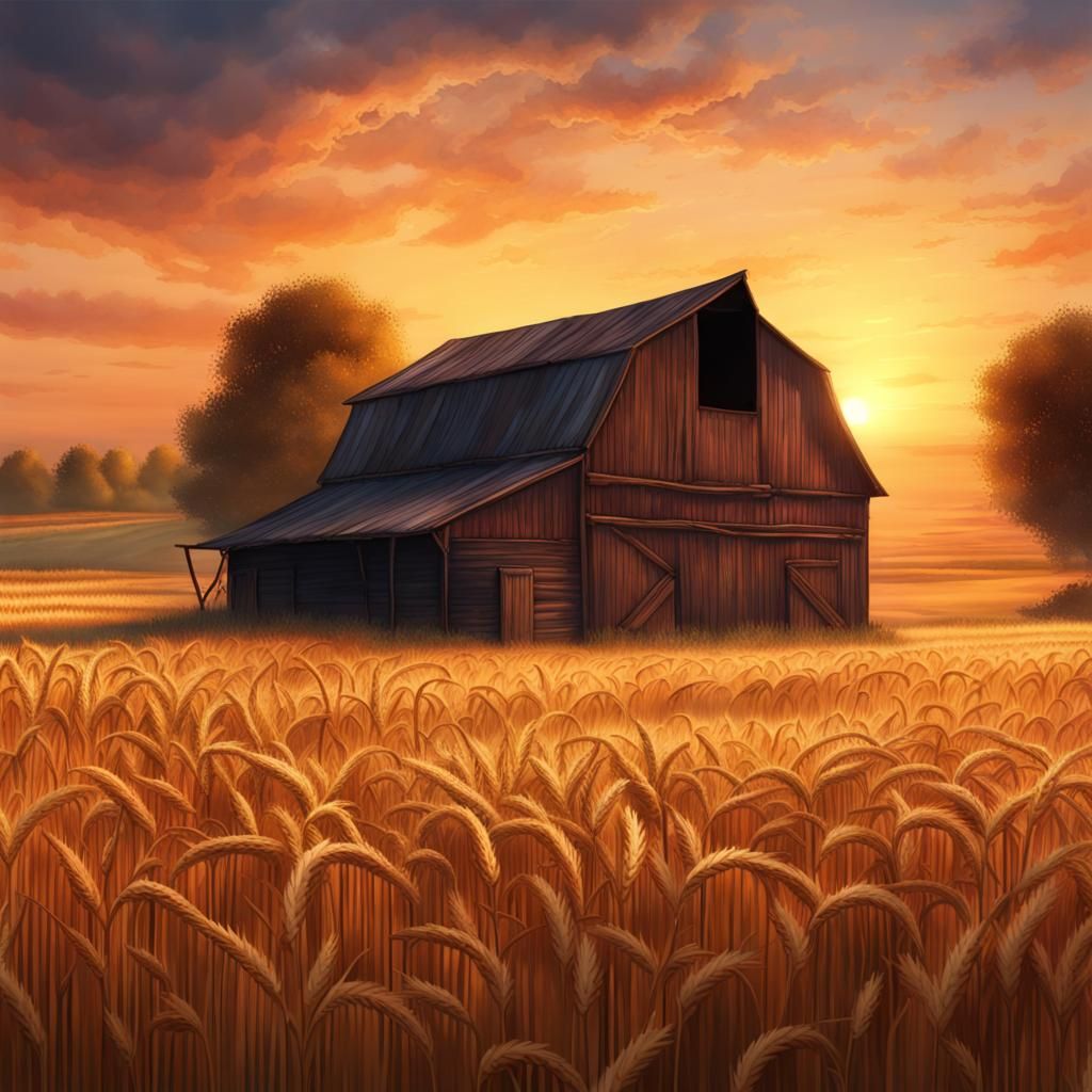 Watercolor Barn at Sunset in Wheat Fields