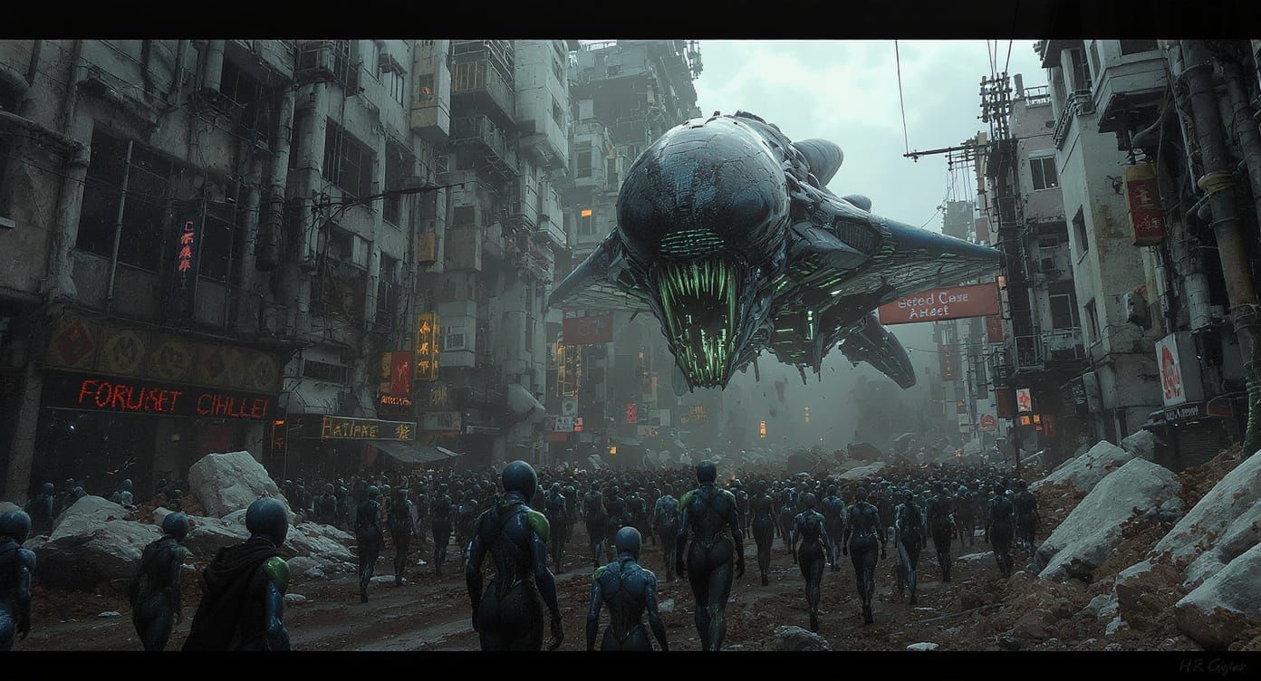 Alien Spaceship Landing in Post-Apocalyptic City