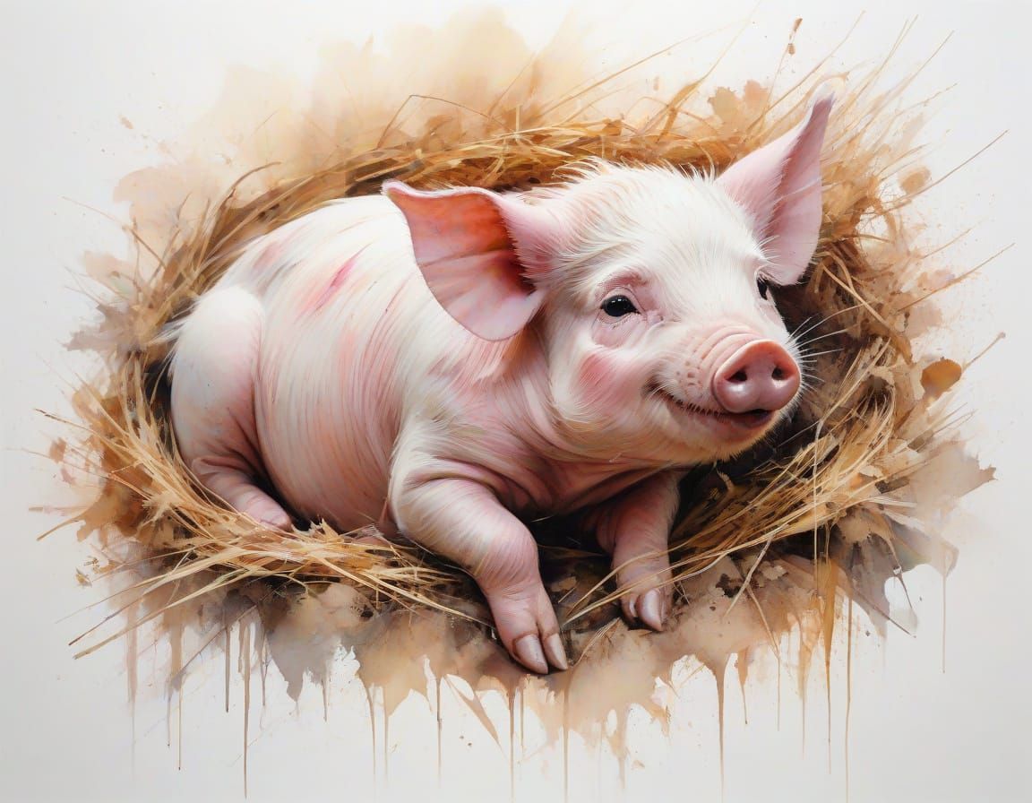 Piglet Sleeping Under Hay in Watercolour Style