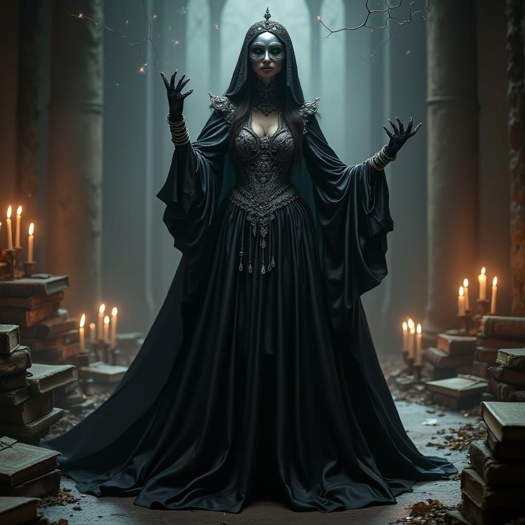 Mysterious Witch in Leather Gown with Silver Embroidery