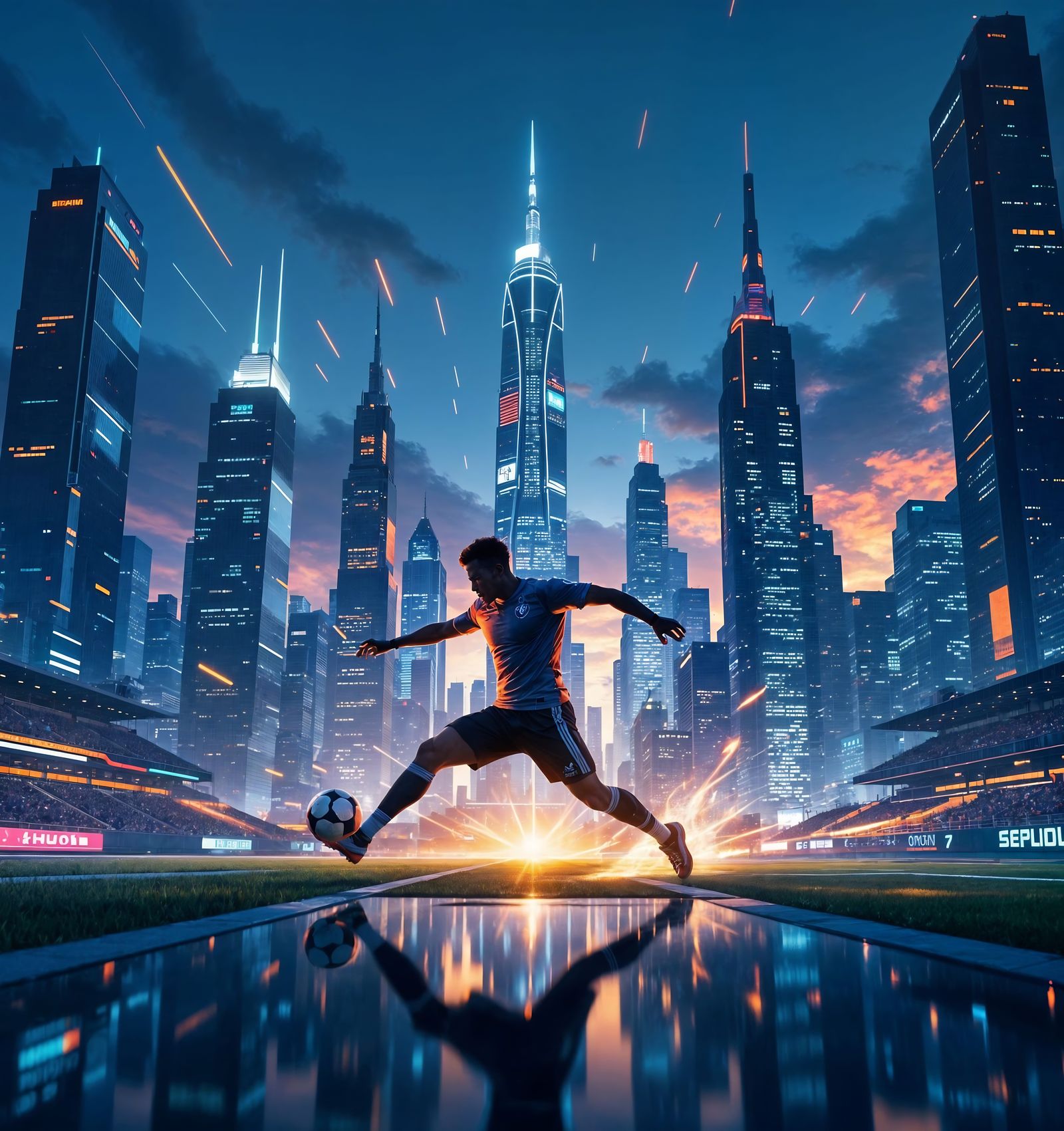 Futuristic Footballer Kicking Against Neon Cityscape