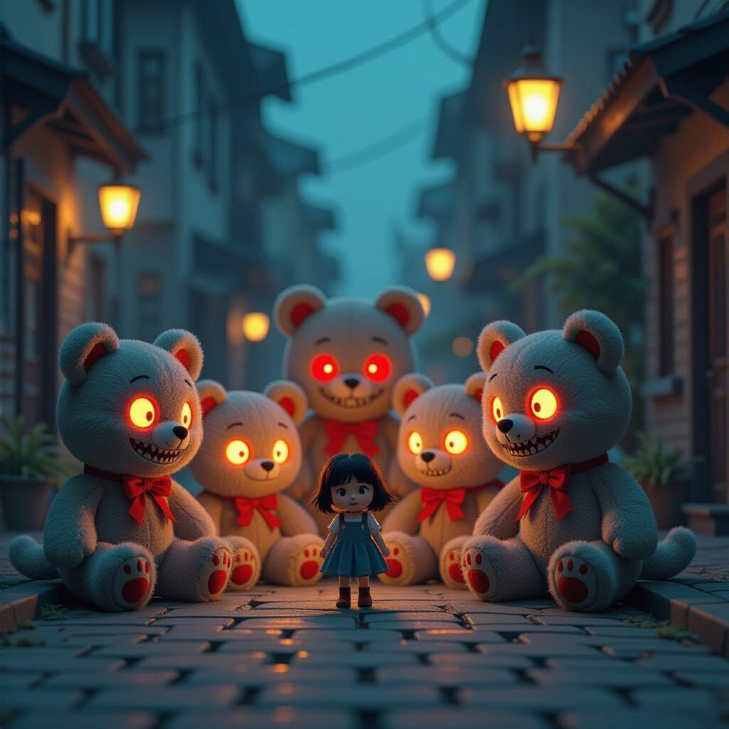 Horror Plush Animals Plotting Under Flickering Light