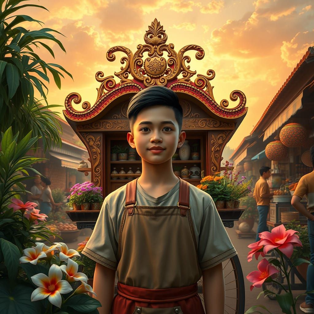 Young Filipino Baker in Whimsical Marketplace Scene