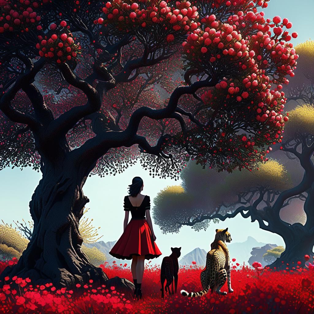 Pointillist Witch and Cheetah Under Flowering Tree