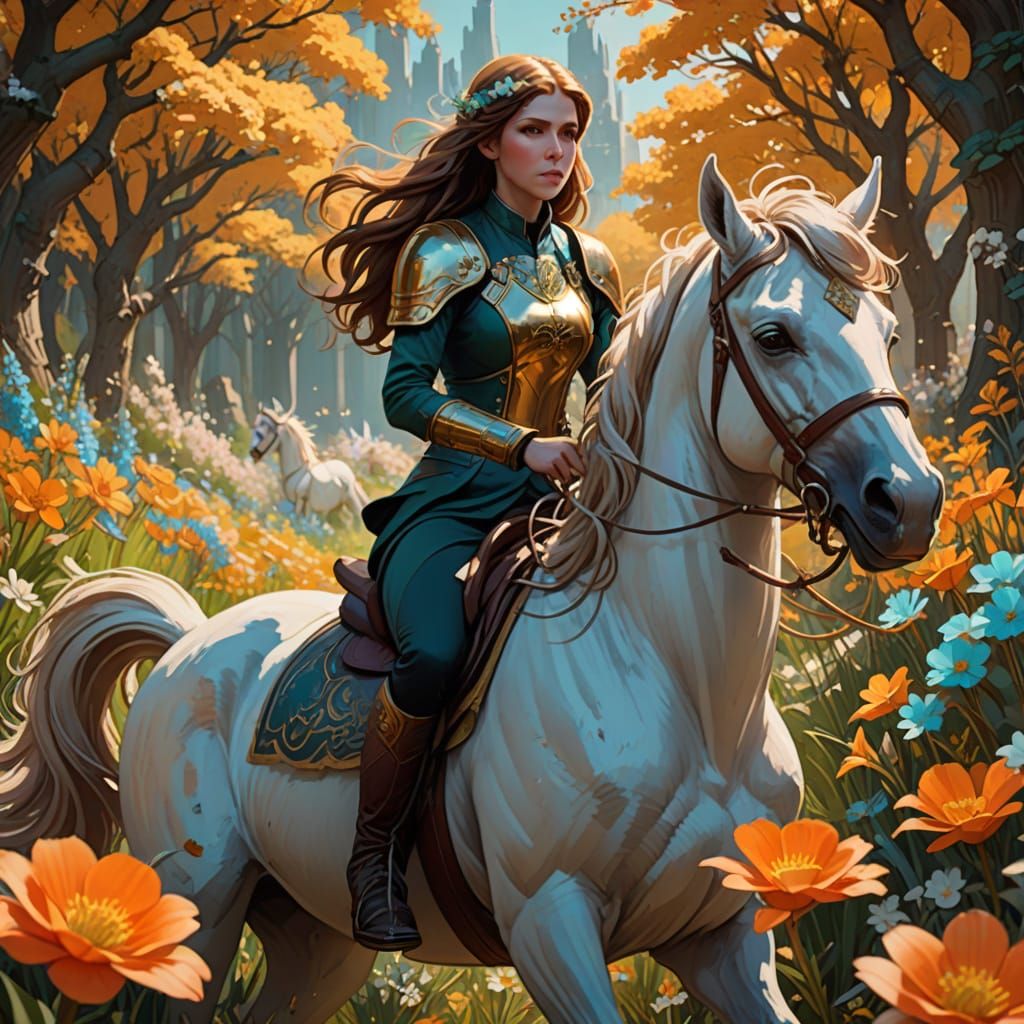 Unicorn Rider in Spring Flowers, Wyeth Style