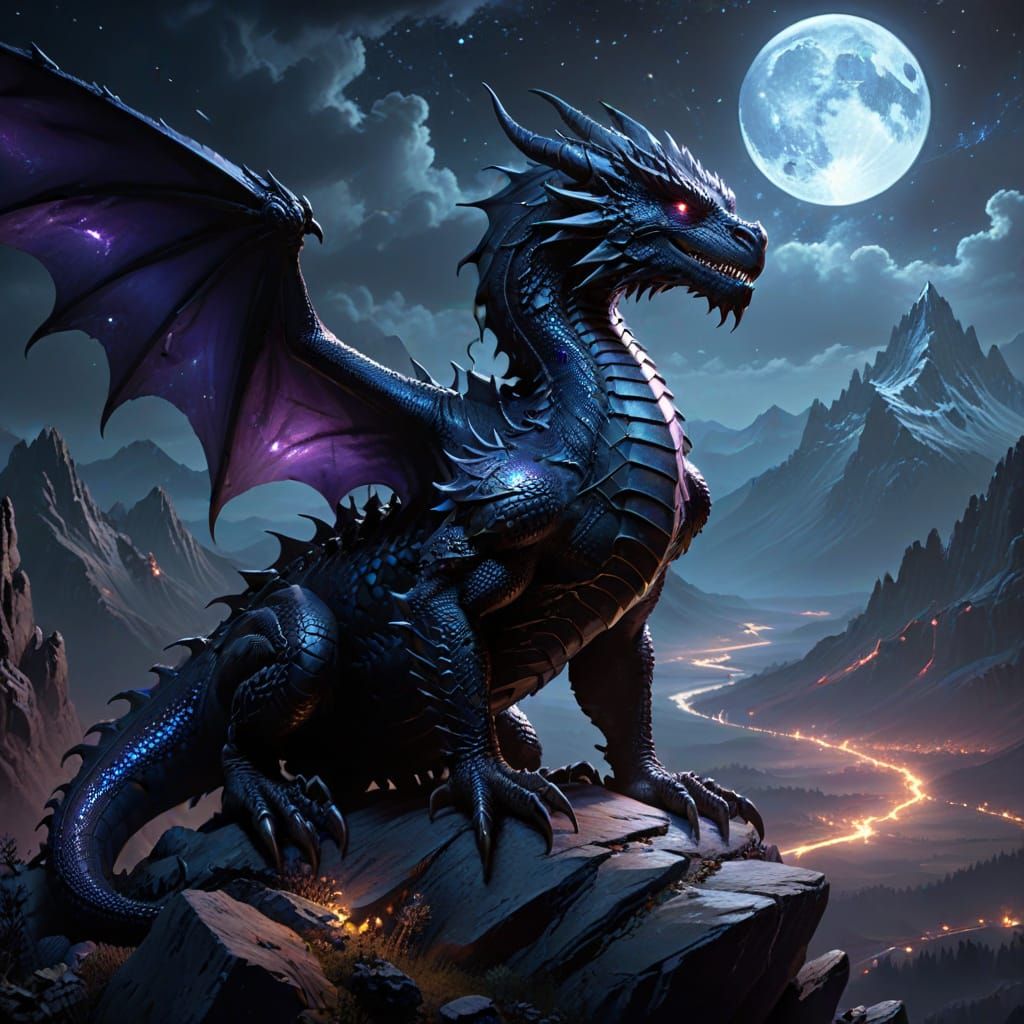 Majestic Black Dragon on Mountaintop in Oil Painting Style
