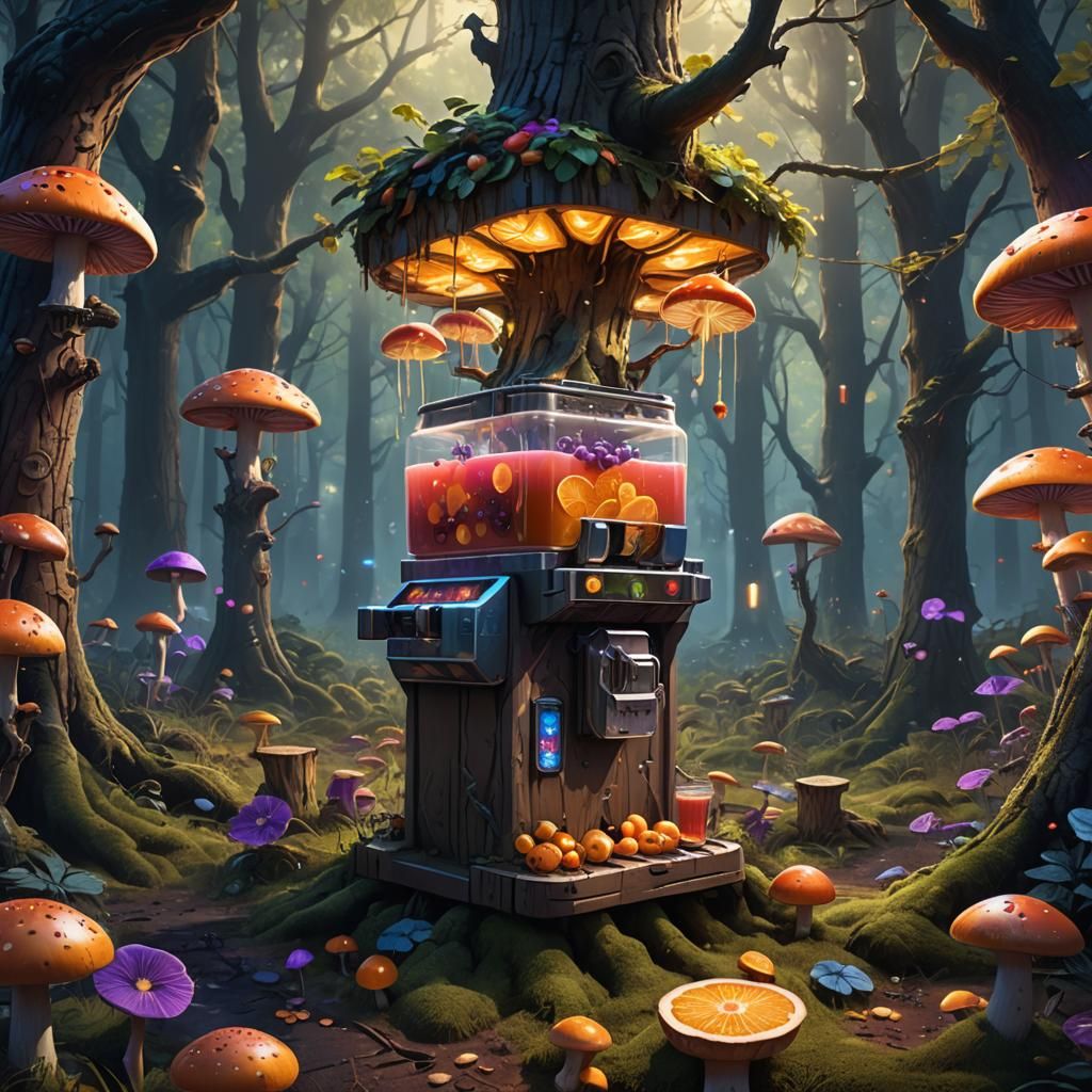 Trees Operating Fruit Juice Machines in Dark Forest