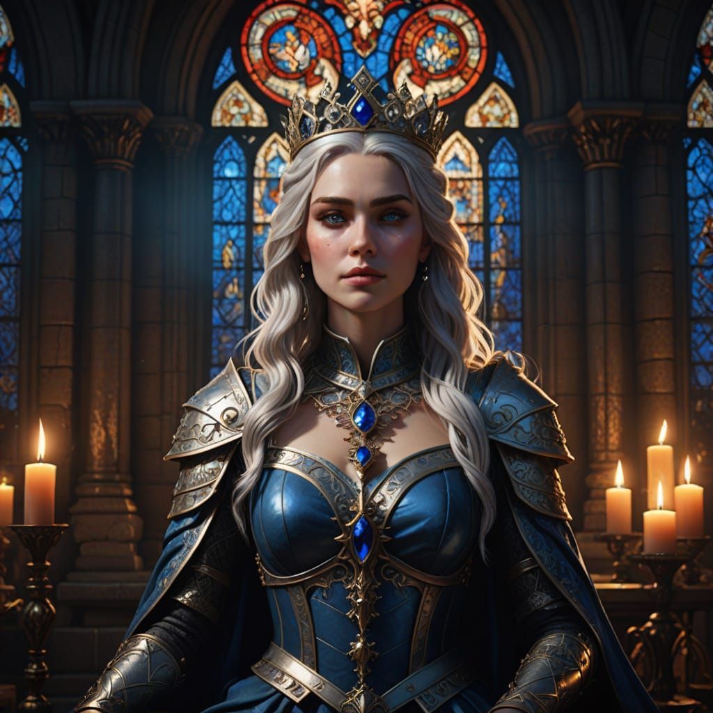 Regal Queen with Sapphire Crown in Gothic Cathedral