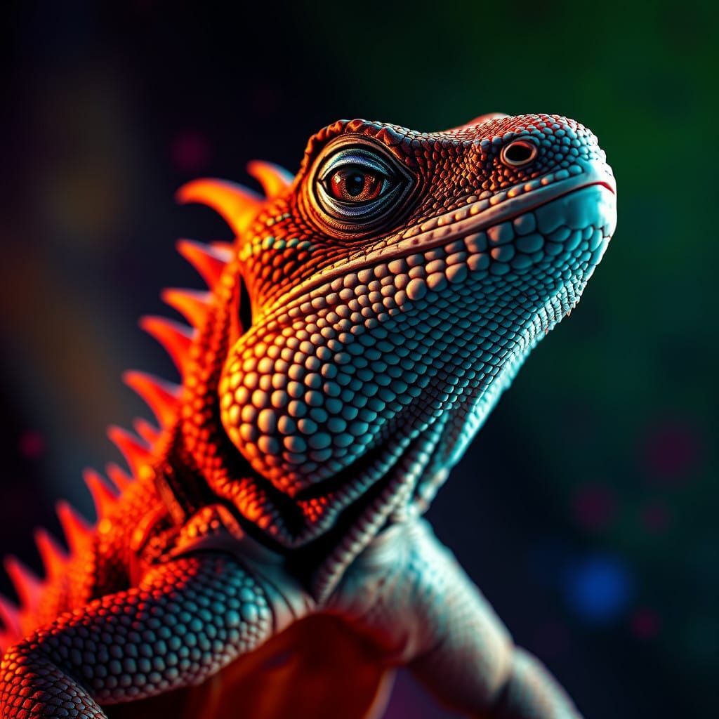Vibrant Hyperrealistic Lizard Portrait in Dramatic Lighting