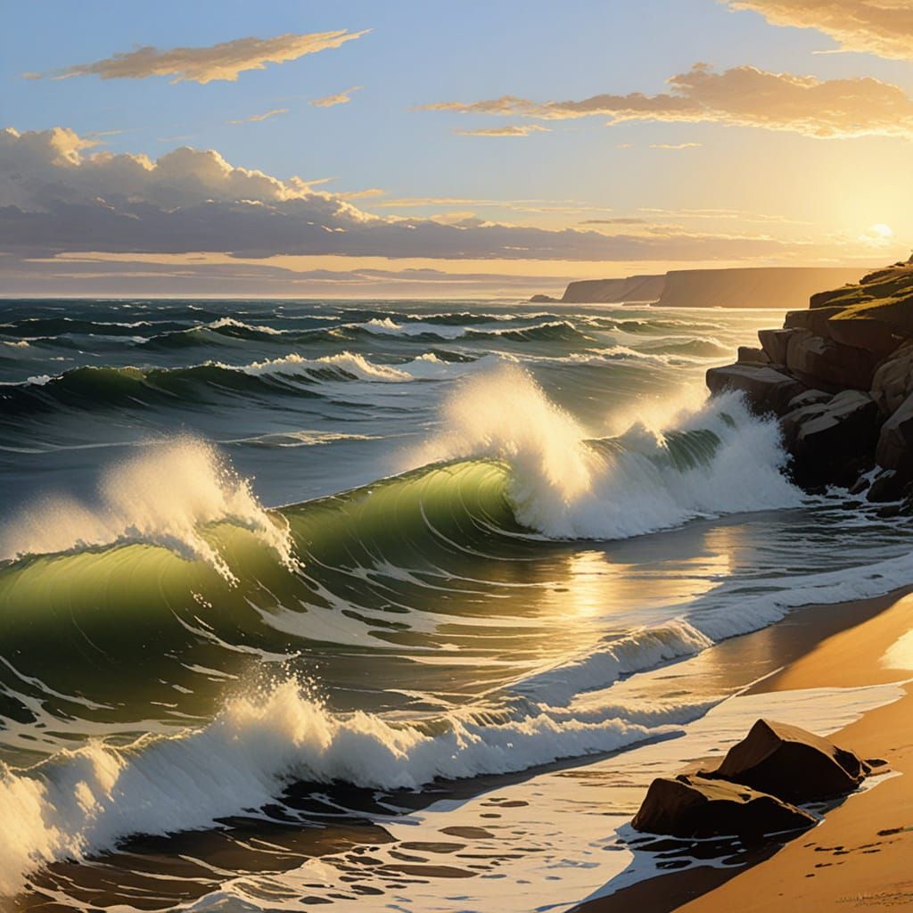 Golden Beach Waves at Dawn: A Photorealistic Landscape