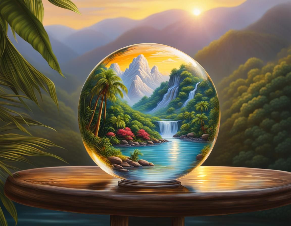 Tropical River and Mountains in Glass Sphere: Impressionism