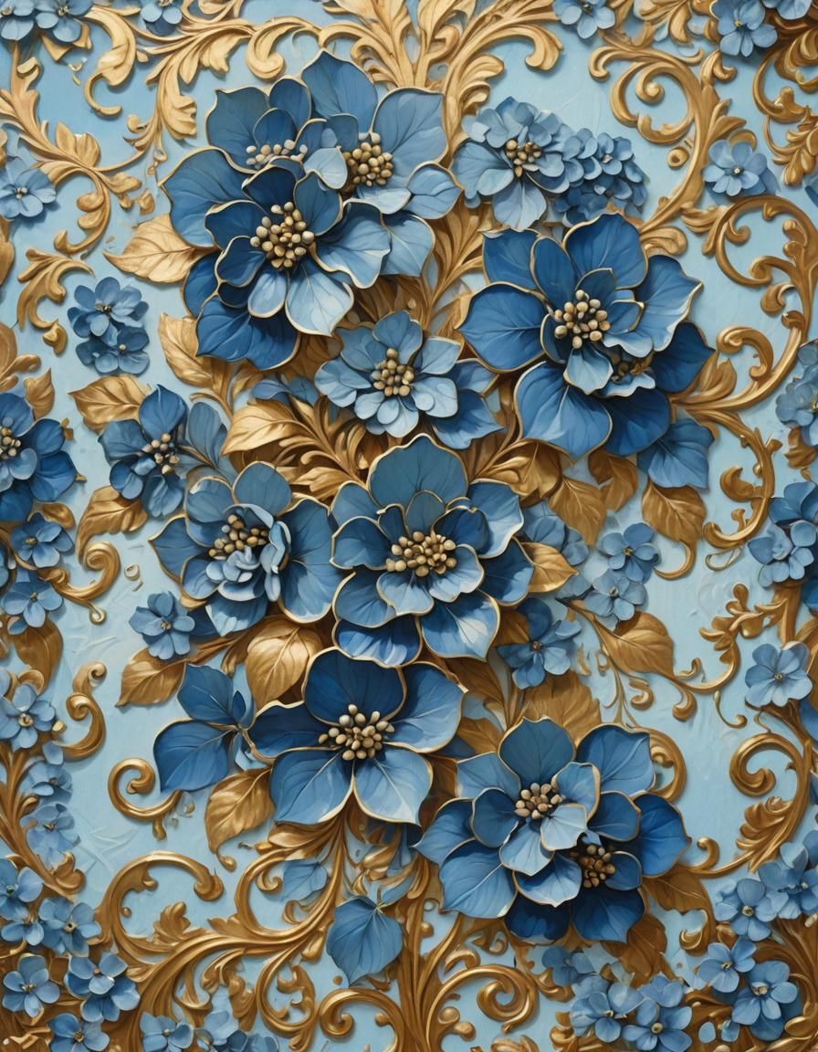 Baroque Victorian Gold and Hydrangea Gouache Painting