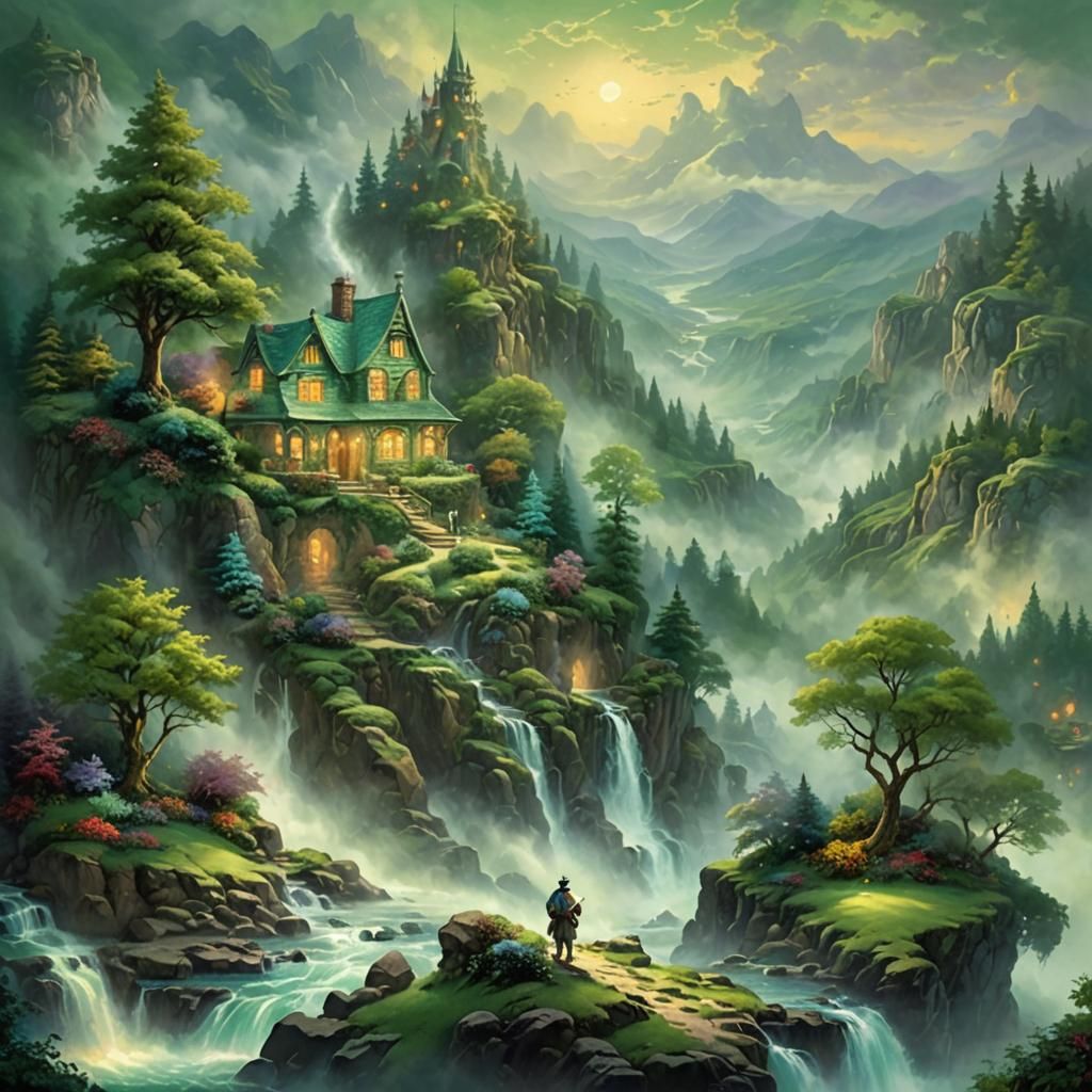 Ethereal Green Landscape in Kinkade Style