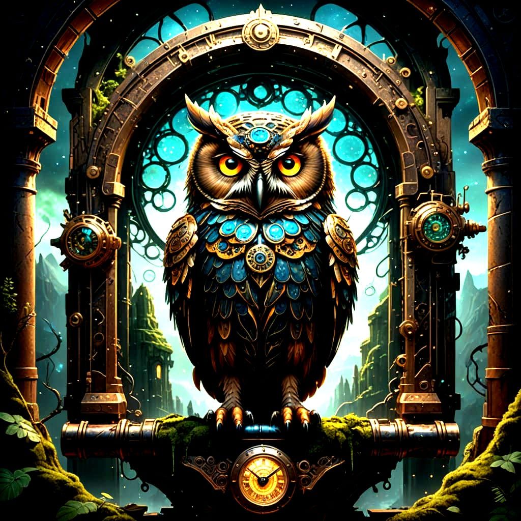 Steampunk Owl Perched on Cosmic Portal