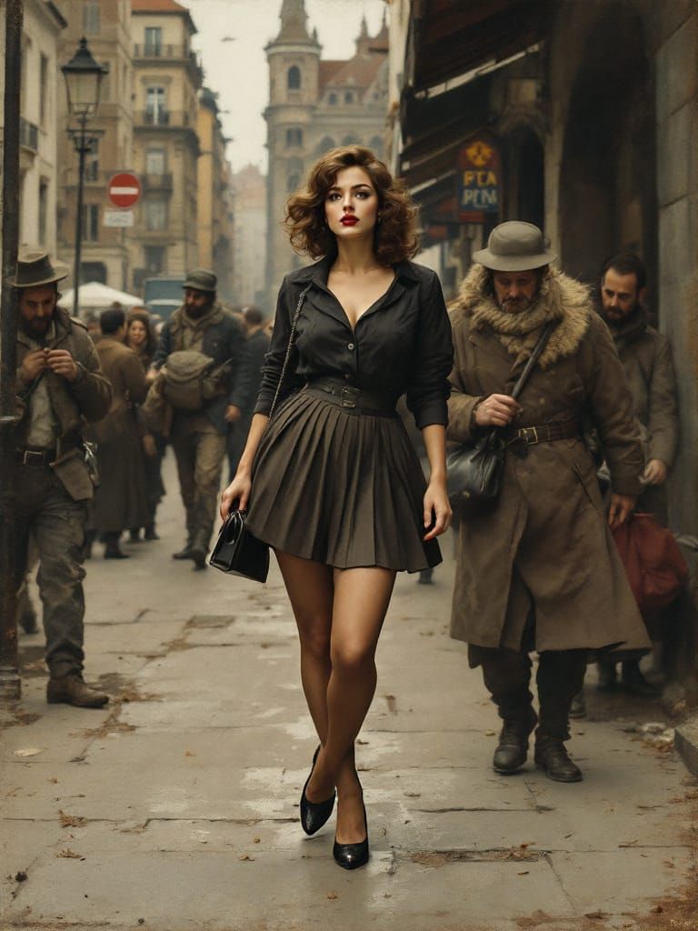 Pin-Up Woman in Austere Wartime Cityscape