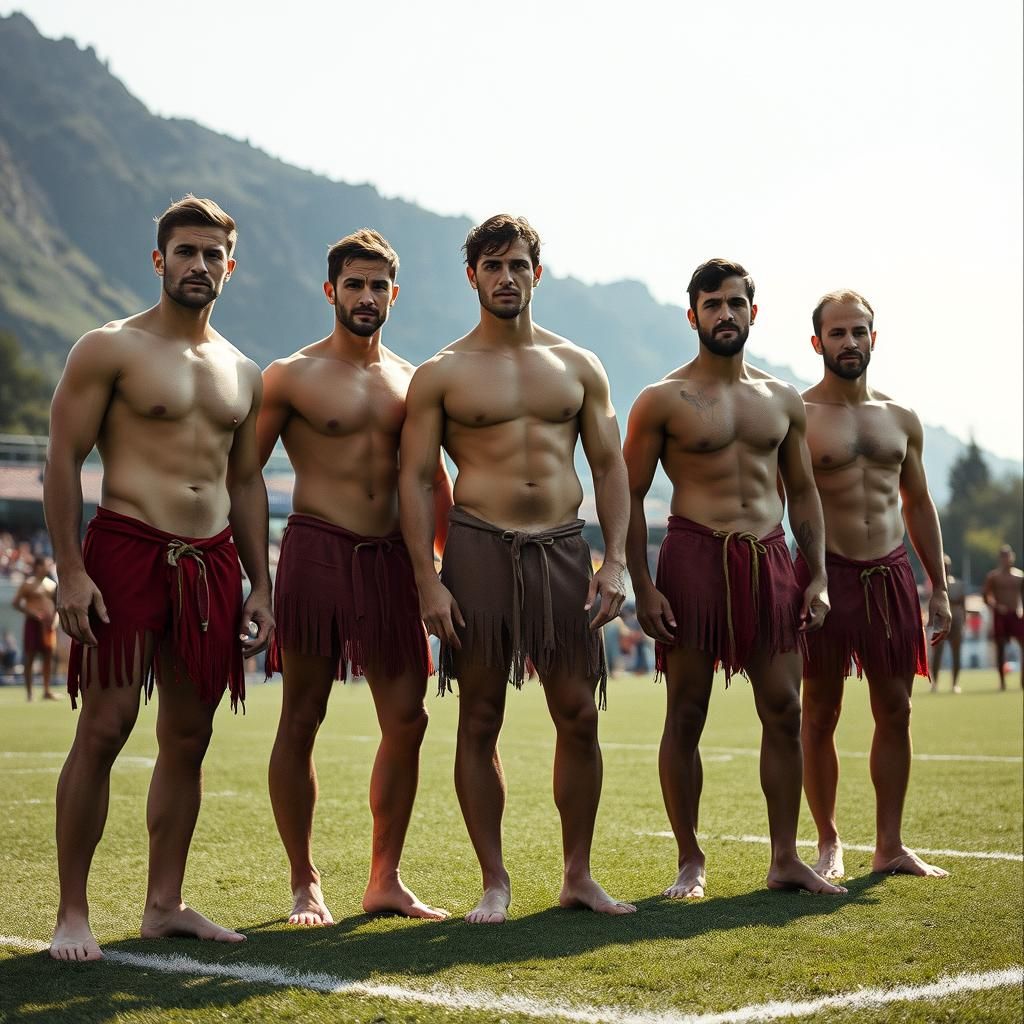 Muscular Men on Soccer Field: Cinematic Film Still